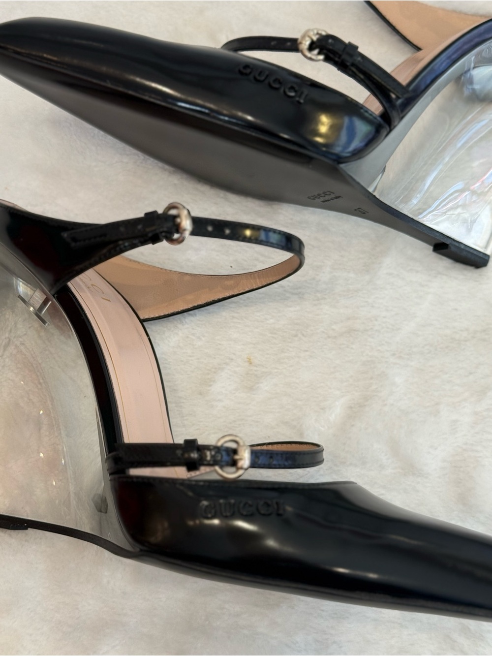 Gucci Black Patent Leather Pointed-Toe Clear Wedge Mules - Picture 10 of 12